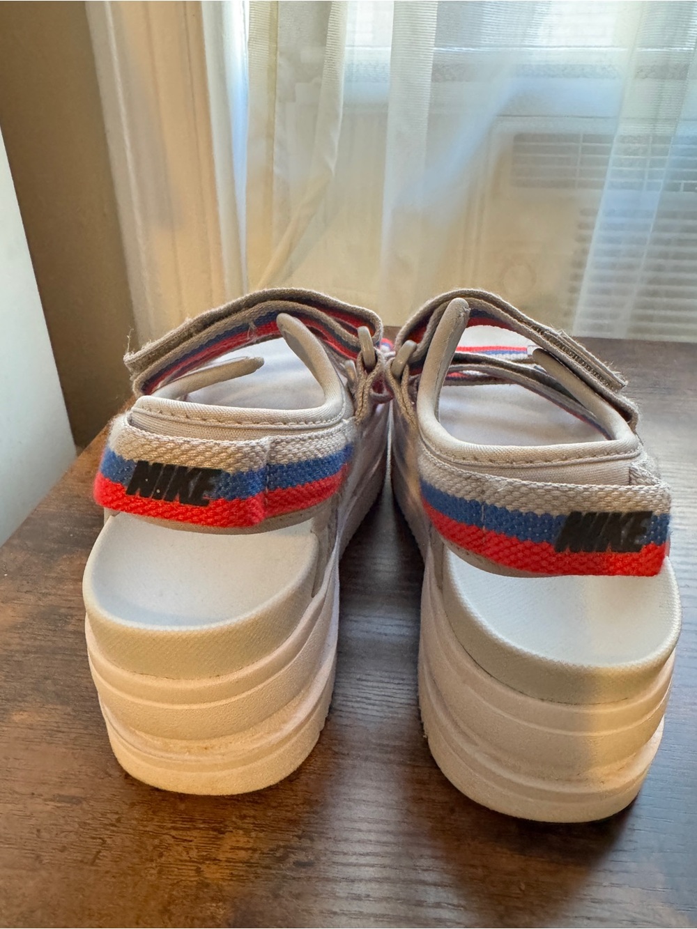 Nike White Platform Sandals with Red, Grey, and Blue Straps - Picture 4 of 7
